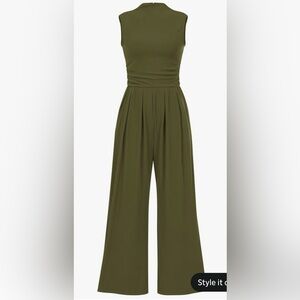 PrettyGarden Army Green Ribbed Mock Neck Wide Leg Sleeveless Jumpsuit XL
